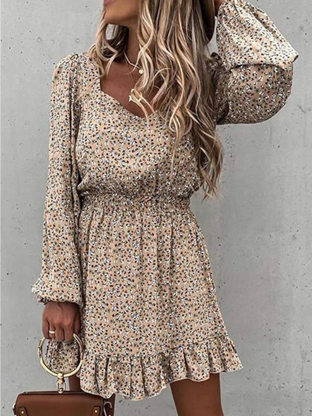 Happy Sailed Boho Floral Square Neck Long Sleeve Mini Dress - Large